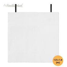 Fire Blanket, White square fire blanket with black hanging straps on a white background.