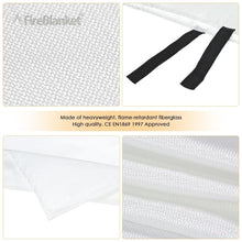 Fire Blanket, White heavyweight flame-retardant fiberglass fabric with close-up weave and black carrying straps.