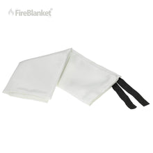 Fire Blanket, White fire safety blanket with black pull straps folded on white background.
