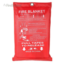 Fire Blanket, Red fire blanket pouch with white safety instructions and metal hanging grommet at top center.