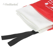 Fire Blanket, Folded white fire-resistant blanket with red pouch and black pull straps.